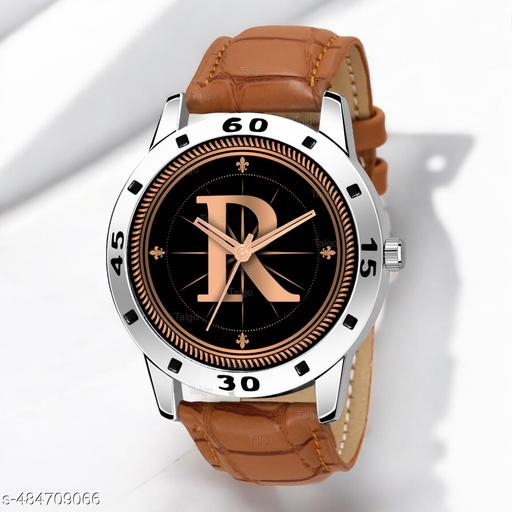 Talgo Analog Round Black Dial ALPHABET R Design Stylish Beige Leather Strap Classic Design Fancy Wrist Watch for Men and Boys, Pack of 1 - ALP-R-AVO-SIL-TAN-CRL