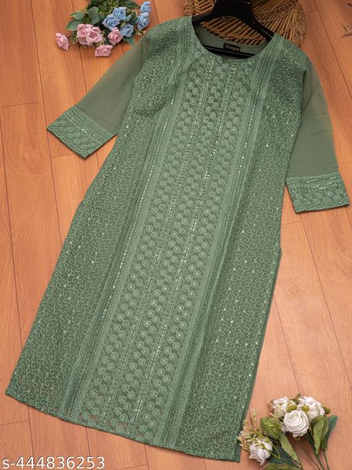 Chikankari Kurti For Women & Girls ( Calf Length, Long Kurti, 3/4th Sleeve)