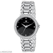 CRESTELLO Silver Plated Bracelet Analog Wrist Watch for Women (Black Dial)