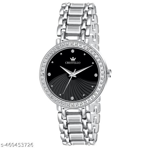CRESTELLO Silver Plated Bracelet Analog Wrist Watch for Women (Black Dial)