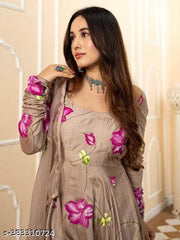 Eshanay Fashion Women's Georgette Flower Printed Straight Gown with Dupatta Set