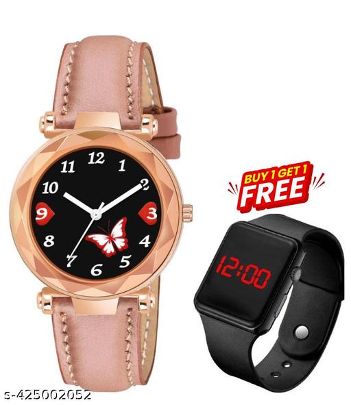 Black Printed Dial Lathers Strap Girls Analog Watch - For Girls FBF223Black-Pink