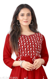 Women Embroidered Cotton Rayon Flared  Kurta  Anarkali Kurti Red