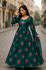 Ledies Stylish Fancy Trendy Printed Poly Georgette Maxi Flared Gown For Women For Party Wedding Festival Functions very comfortable