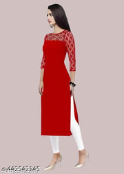 Polyster/Crepe fabric-Casual And Round-Neck 3/4 Length Sleeve Red Kurti (45"Inches)