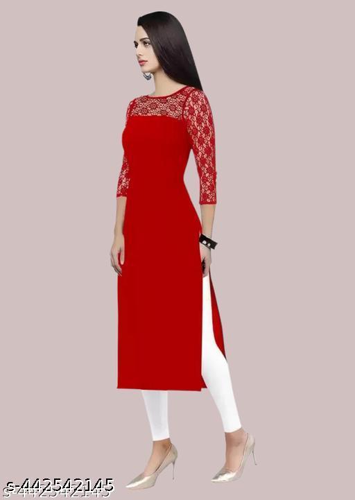 Polyster/Crepe fabric-Casual And Round-Neck 3/4 Length Sleeve Red Kurti (45"Inches)