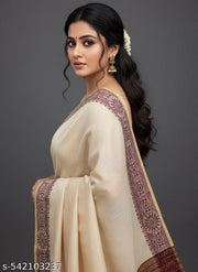 Top trending latest simple plain party wear/wedding Women's Jacquard Weaving Plain Beige Cotton Silk Saree with Maroon Border | Elegant Ethnic Party Wear Saree