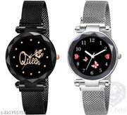 Queen Dial Black combo Luxury Mesh Magnet Buckle Watches For girls Fashion Mysterious Lady Analog Watch for girls and women For Girls pack of 2