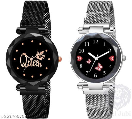 Queen Dial Black combo Luxury Mesh Magnet Buckle Watches For girls Fashion Mysterious Lady Analog Watch for girls and women For Girls pack of 2