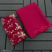 Women's Pink Georgette Saree with Heavy Silver Floral Embroidered Blouse Piece
