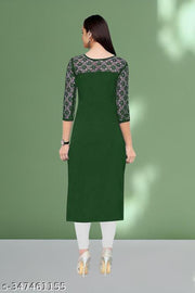Casual American Crepe And Net Round-Neck 3/4 Length Sleeves Dark Green Kurti (45"Inches)