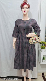 Brown Woolen Frock Kurti for Winter | Women Checkered Wool Anarkali Kurta
