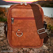 Stylish Professional Casual Synthetic Leather Unisex Sling Bag | Shoulder Crossbody Bag for Men, Women, Girls & Boys | Light Brown Travel Side Bag | Multi-Pocket Durable Trendy Office & trend bag