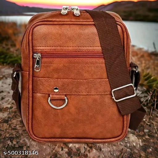 Stylish Professional Casual Synthetic Leather Unisex Sling Bag | Shoulder Crossbody Bag for Men, Women, Girls & Boys | Light Brown Travel Side Bag | Multi-Pocket Durable Trendy Office & trend bag