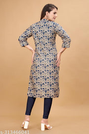 Womens Muslin 3/4 Sleeve Round Neck Calf Length Printed Kurti