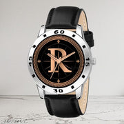 Welix Analog Round Black Dial ALPHABET R Design Stylish Black Leather Strap Classic Design Fancy Wrist Watch for Men and Boys, Pack of 1 - ALPHA-R-AVO-SIL-BLK-L