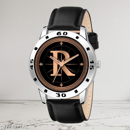 Welix Analog Round Black Dial ALPHABET R Design Stylish Black Leather Strap Classic Design Fancy Wrist Watch for Men and Boys, Pack of 1 - ALPHA-R-AVO-SIL-BLK-L