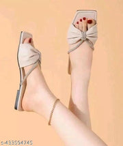 Women’s Cream Open-Back Flat Sandals | Stylish Faux Leather Gathered Bow Detail with Crystal Embellished Double Strap | Comfortable Slip-On Flats for Casual Wear, Parties, Weddings, Office, Shopping & Outings