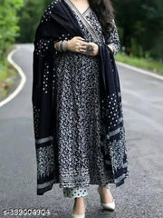 Black Premium Printed Designer Anarkali Embroidery Women Rayon Kurta With Pant And Cotton Dupatta