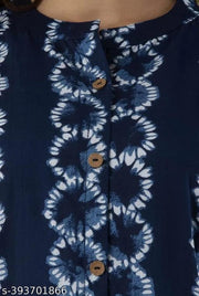 Woman Blue A-line Printed Rayon Single Stitched Three-Quarter Sleeves Calf Length Daily Wear Roll-Up With Show Button Beautiful Kurti.