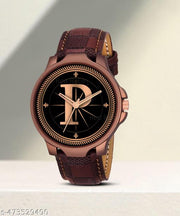 Prathshya Analog Round Black Dial ALPHABET P Design Stylish Brown Leather Strap Classic Design Fancy Wrist Watch for Men and Boys, Pack of 1 - ALPHA-P-3K-BRW-CHL