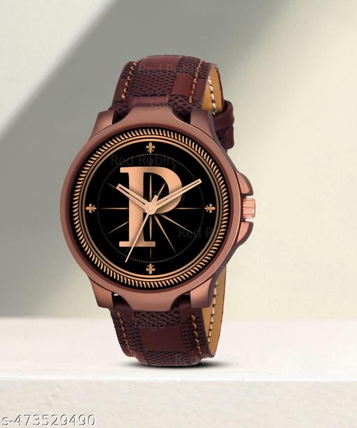 Prathshya Analog Round Black Dial ALPHABET P Design Stylish Brown Leather Strap Classic Design Fancy Wrist Watch for Men and Boys, Pack of 1 - ALPHA-P-3K-BRW-CHL