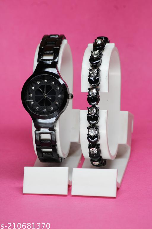 Attractive Flower Designer Metal Belt Analog Watches combo with Cosmic Diamond Bracelet for Women
