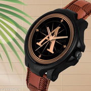 Welix Analog Round Black Dial ALPHABET A Design Stylish Brown Leather Strap Classic Design Fancy Wrist Watch for Men and Boys, Pack of 1 - ALPHA-A-3K-BLK-BRW-CHL-41