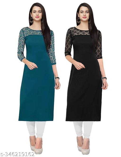 Pack of 1 Casual American Crepe And Net Round-Neck 3/4 Length Sleeves Rama & Black Kurti (45"Inches)