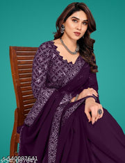 Silkra Glam Thread Embroidered Lace Plain Saree With Work Blouse And Belt