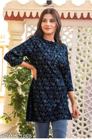 Navay blue Short Kurti, Printed Rayon Kurti For Women, 3/4 Sleeves Kurti for Women & Girls, Party Wear Kurti for Women