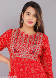 Party wear dress for women printed kurti red color