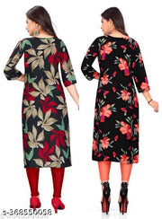 Polyster/Crepe fabric-Stylish Women's MultiColor Digital Printed Straight Kurti (COMBO-2)