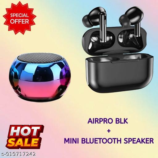Airpro True Wireless Bluetooth Earphones with 30 Hours Playtime & Compatible for all Smartphones (Black) + Mini Bluetooth Speaker Any Random Colour - COMBO