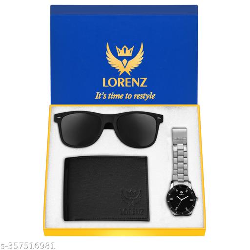 Lorenz Gift Combo of Black Dial Watch, Wallet and Wayfarer Sunglasses for Men- CM-1066SN-WL-BLK
