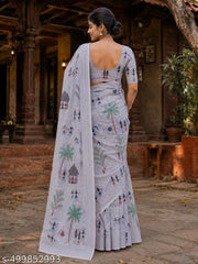 Cotton Linen Grey Kasavu Flower Digital Print Saree Designer And Fancy Bollywood Partywear Wedding Traditional Latest Trends Sari