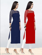 Pack of 1 Casual American Crepe And Net Round-Neck 3/4 Length Sleeves Navy Blue & Red Kurti (42"Inches)