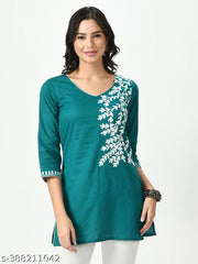 Womens Blue Cotton Embroidered Short Kurti
