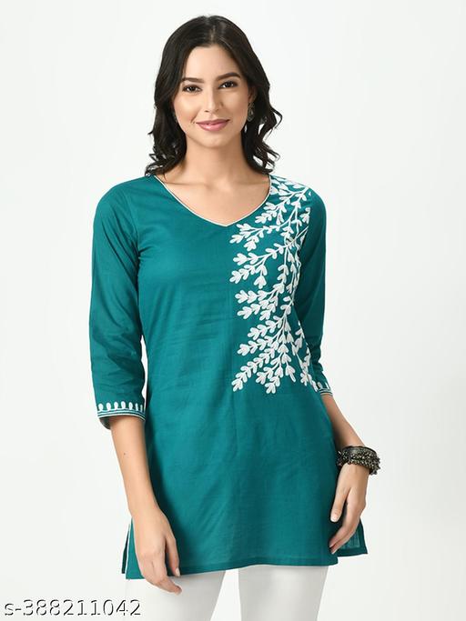 Womens Blue Cotton Embroidered Short Kurti