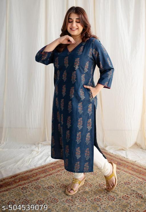 Indigo Ajrakh HandBlock Printed Cotton Kurta With Pockect