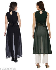 Shimao women Georgette round neck kurti (Black and Green)