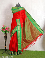 Golden Zari Cotton Silk Paithani Saree Red green