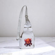Beige & White Canvas Sling Bag for Women & Men | Anchor & Fire Monster Printed Crossbody Shoulder Bag | Adjustable Strap Casual Travel College Office Multipocket Messenger Bag