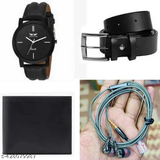pack of 4 combo unisex accessories for men and boys  girls analog watch with belt wallet headphones