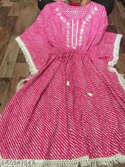Trendy Pink Lehriya Print Cotton Kaftan having Aari work & Lace