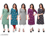 Polyster/Crepe fabric-Women Printed Straight Kurti Combo of 5