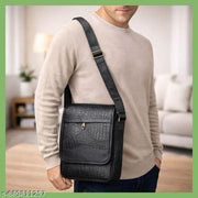 Pranjals House Stylish Men’s Black Pu Leather Sling Bag with Crocodile Texture | Crossbody Office & Travel Bag