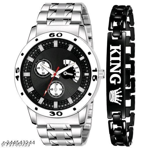 BLACK DIAL WITH STEEL & MATT FINISH BLACK  KING BRACELET ANALOG WATCH  - FOR BOYS