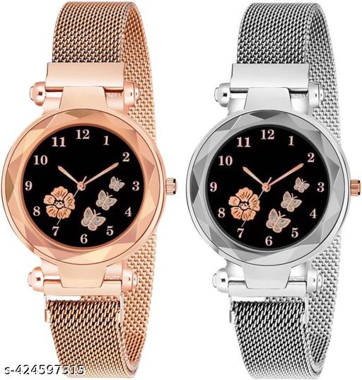 Pack Of 2 Black Flower Printed Dial Luxury Magnetic Strap Girls Analog Watch