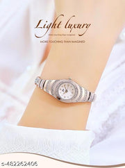 Trending Fashion Diamond Studded Case and Bracelet, Silver Metal Strap & White Mother of Pearl Dial for Women, Watch for Women Girl Watches